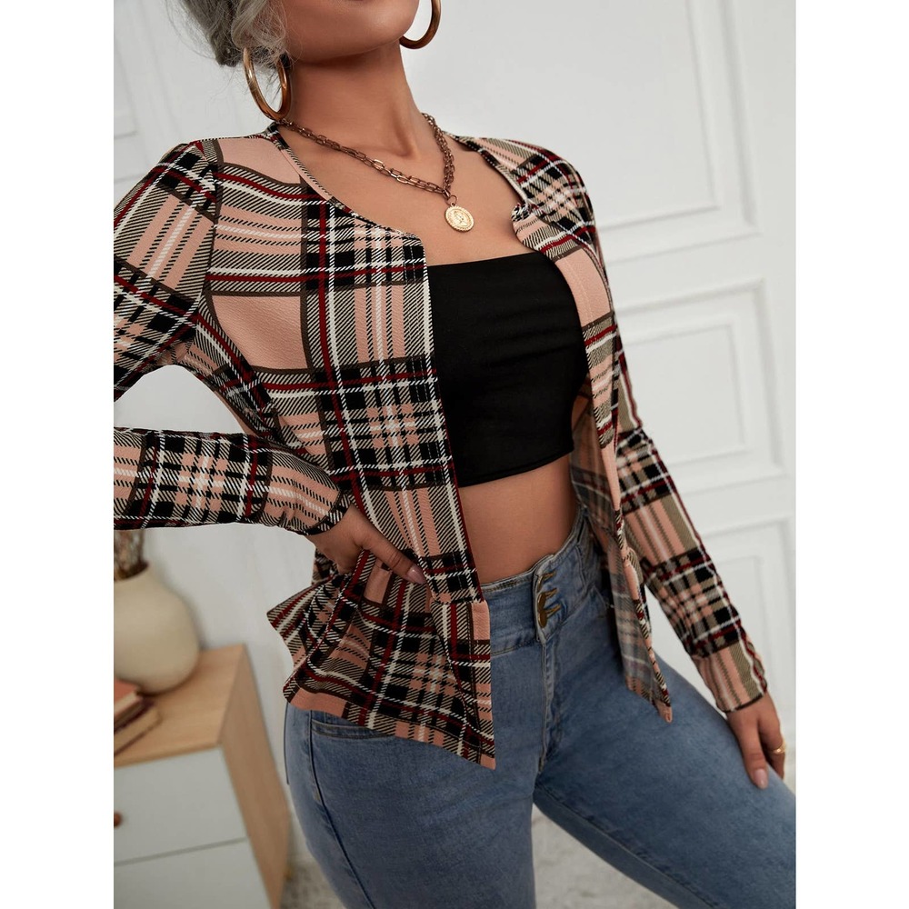 Plaid Print Open Front collarless blazer Jacket tan - Picture 3 of 4